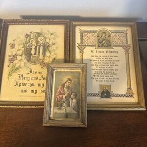 3 - Antique Christian House Blessing Framed Wall Art Gold Filigree Jesus Mary